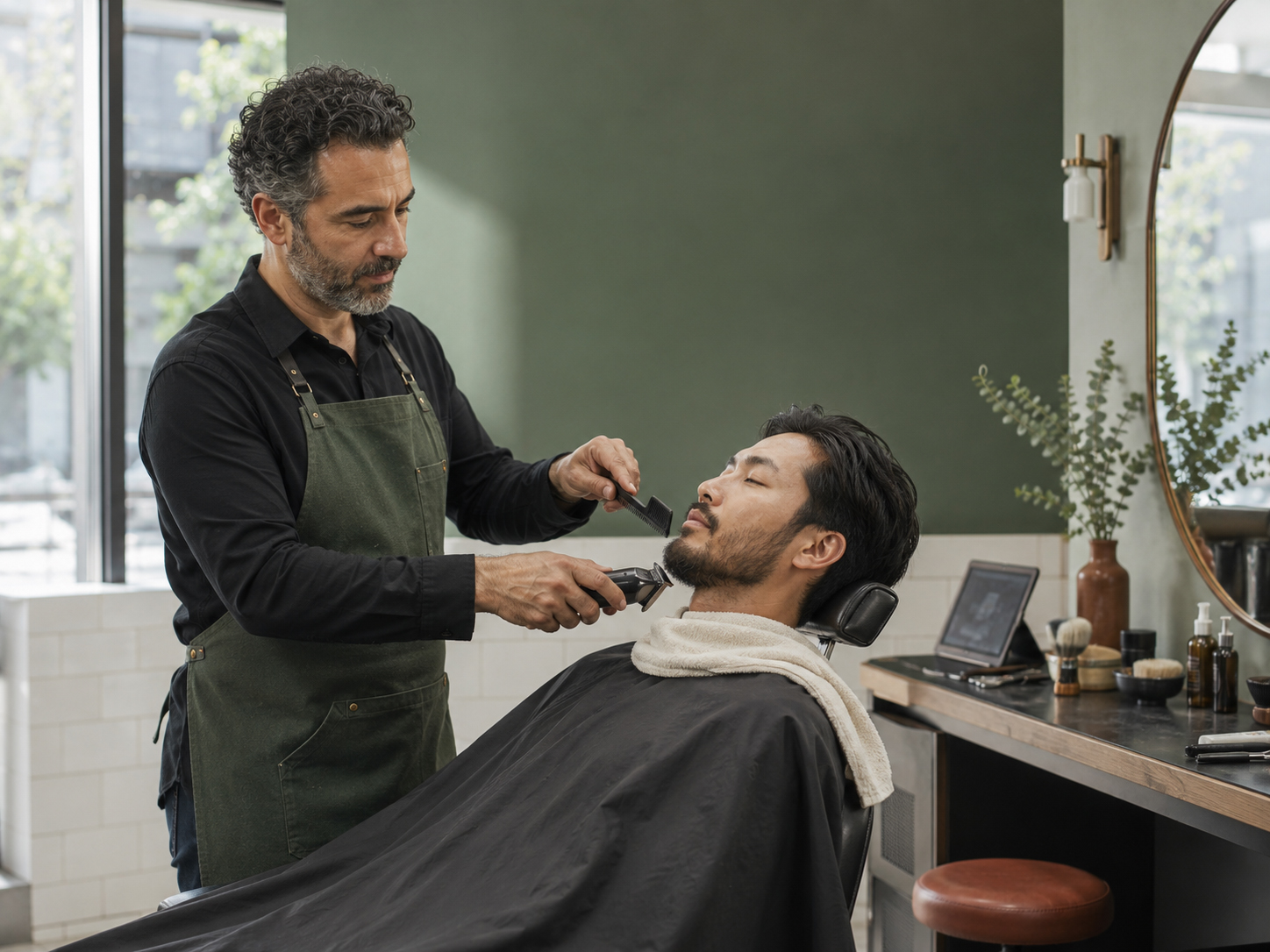 Professionnel de la beauté échangeant avec un client dans une relation attentive et personnalisée.