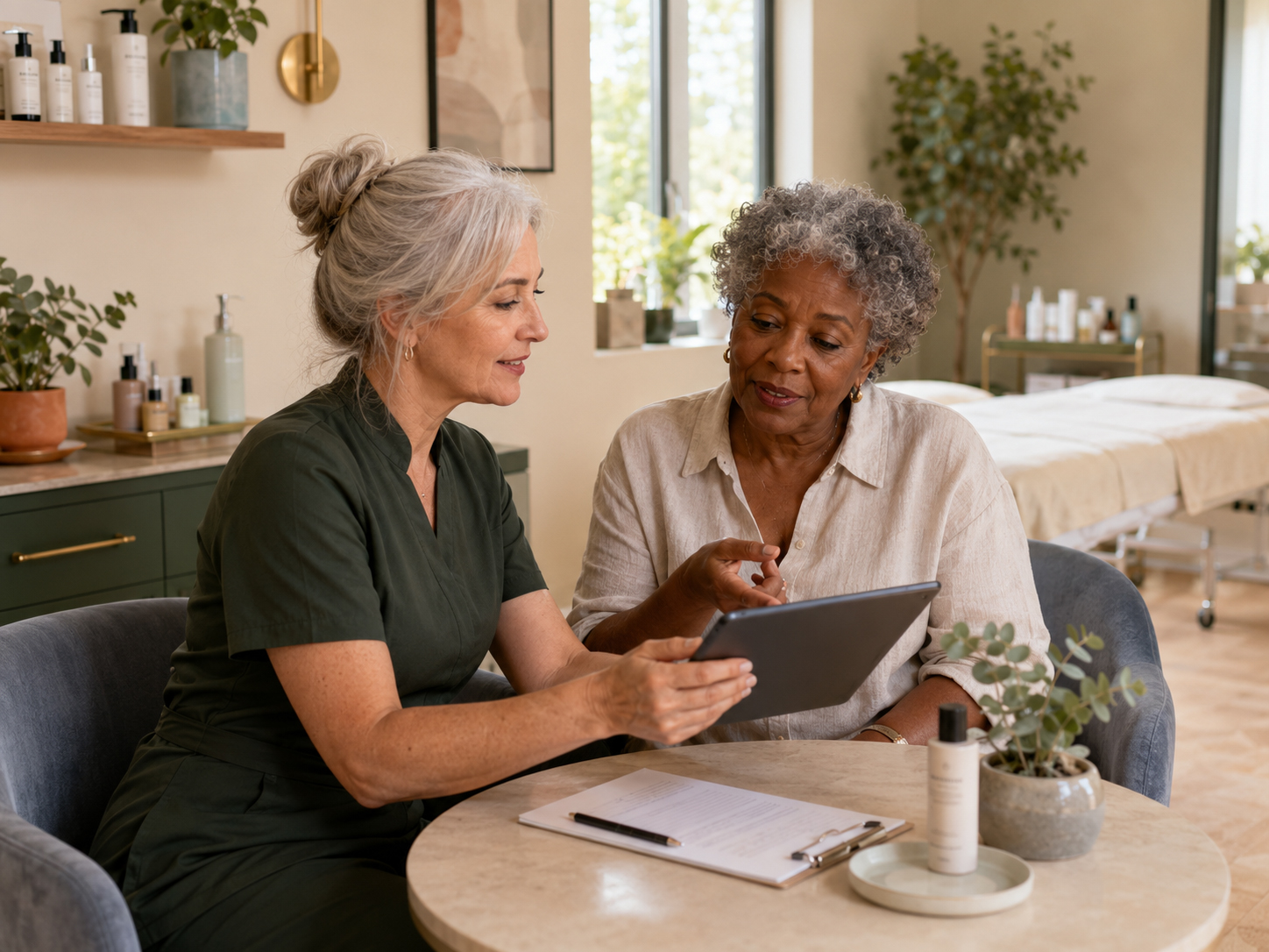 Professionnelle présentant le suivi personnalisé à une cliente sur une tablette.