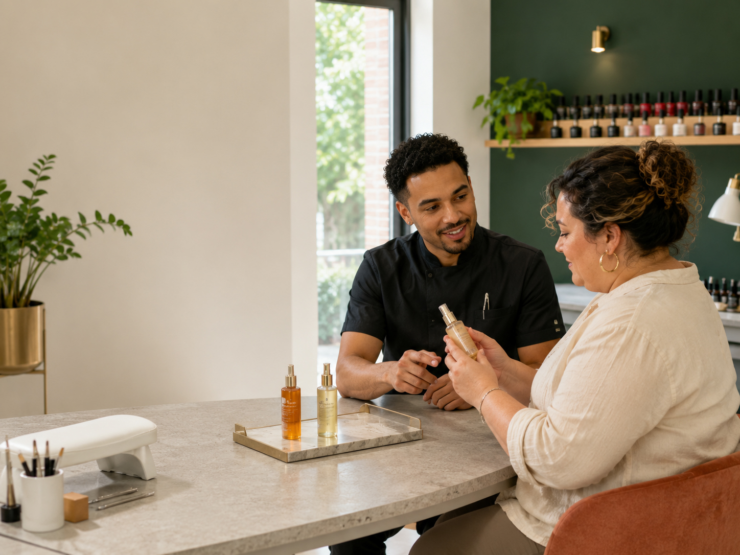 Professionnel de la beauté conseillant un produit adapté à une cliente.