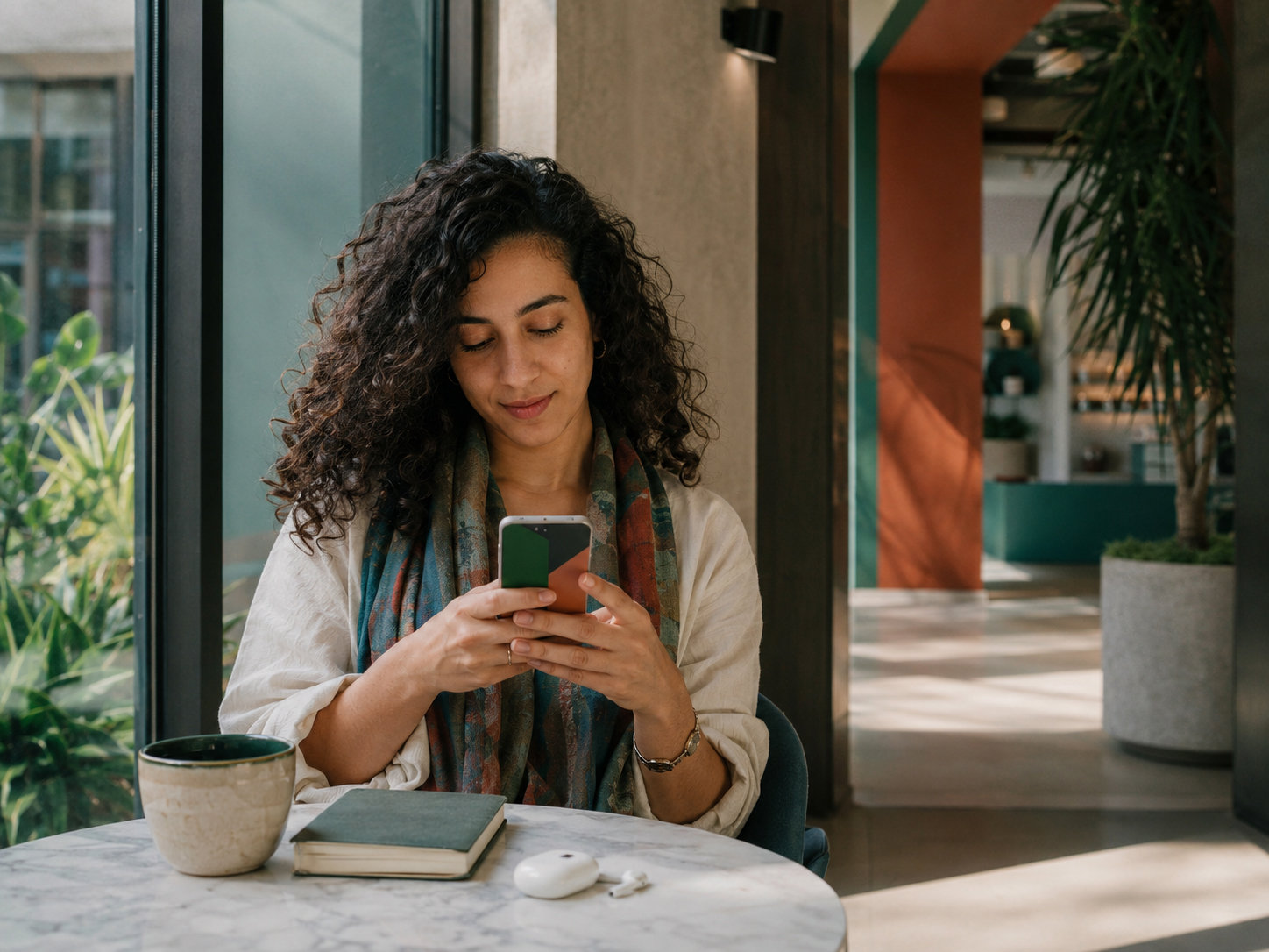 Cliente réservant un soin sur son téléphone dans une expérience visuelle cohérente avec la marque du professionnel.