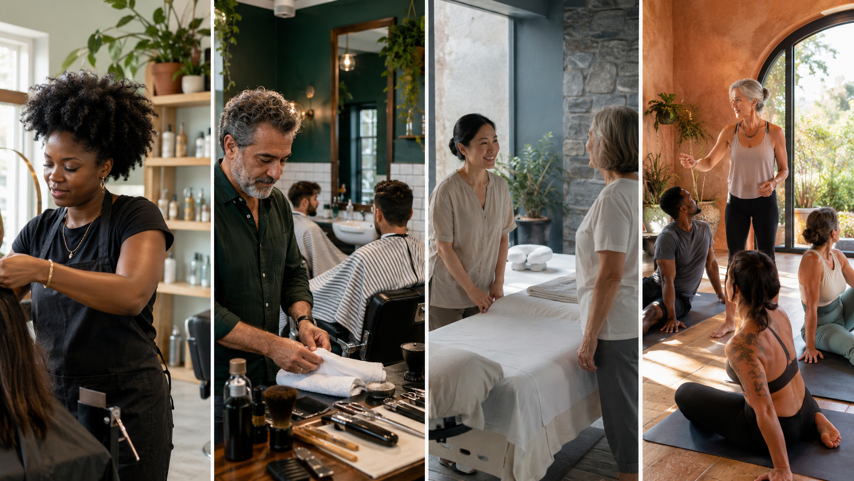 Montage éditorial montrant la diversité des professionnels indépendants du bien-être : coiffure, barbe, massage et yoga.