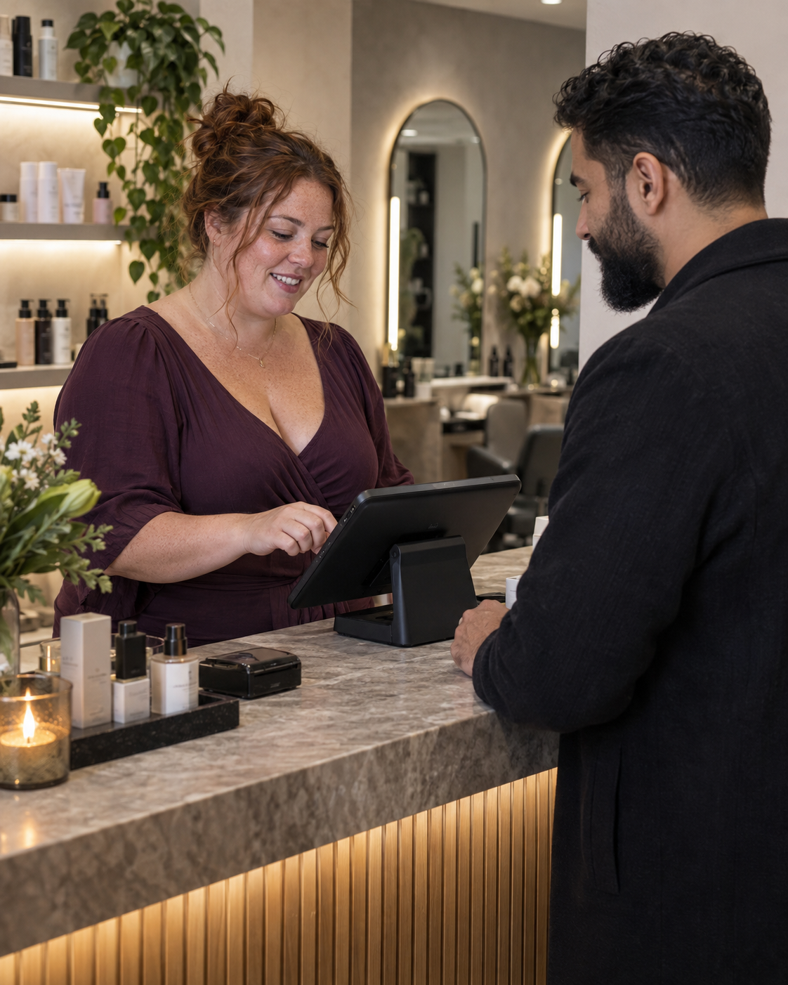 Accueil personnalisé d’un client au comptoir du salon